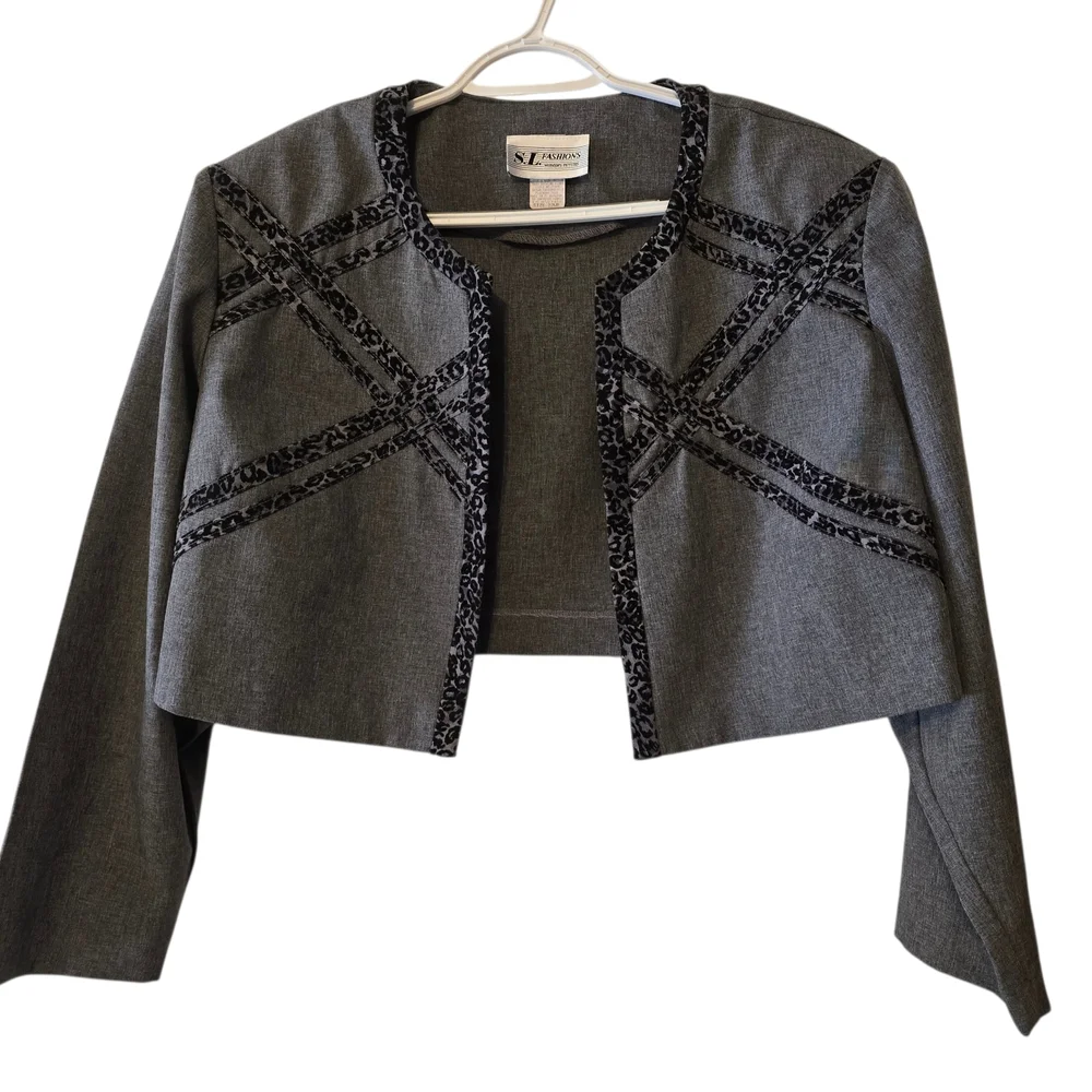 Vintage Black Gray Leopard Print Cropped Blazer with Shoulder Pads - Picture 1 of 9